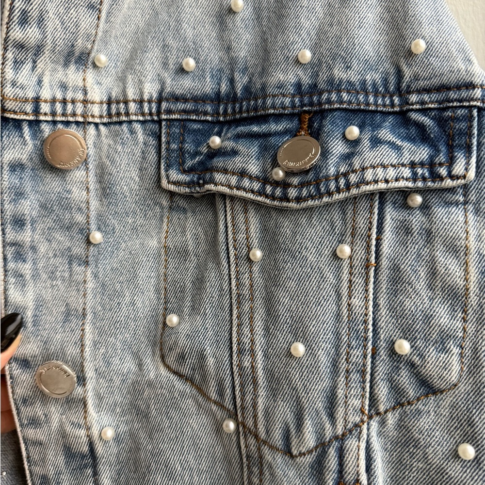 Pearl Embellished Denim Jacket XS Statement Layering Bridal jacket Bachelorette